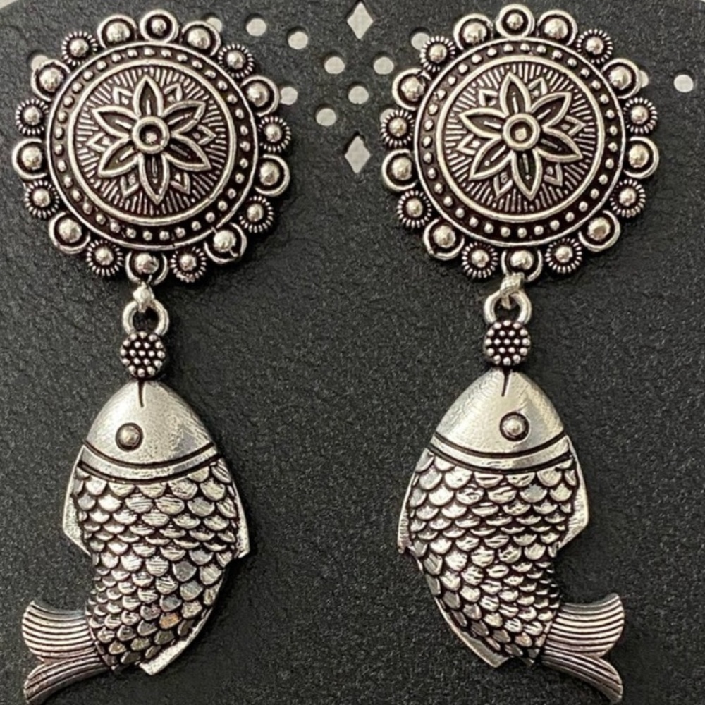 Pisces Fish Oxidized Silver Jhumka Earrings - Picture 1 of 5